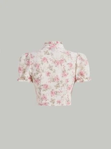 SHEIN MOD Floral Print Tie Neck Puff Sleeve Cut Out Frilled Blouse - Multicolor - View 2