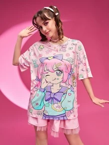 ROMWE Anime Cartoon Graphic Drop Shoulder Tee - Pink - View 1