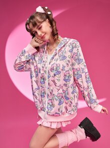 ROMWE Kawaii Cartoon Graphic Zip Up Hoodie - Pink - View 1