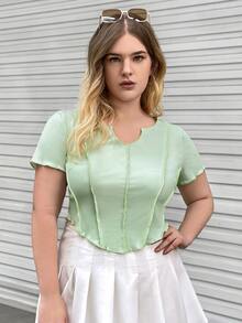 SHEIN Qutie Plus Notched Neck Seam Detail Tee - Mint Green - View 3