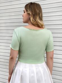 SHEIN Qutie Plus Notched Neck Seam Detail Tee - Mint Green - View 4