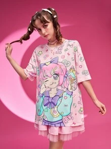ROMWE Anime Cartoon Graphic Drop Shoulder Tee - Pink - View 3