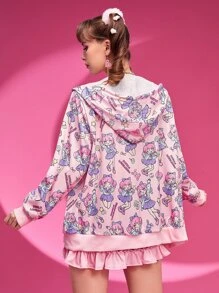 ROMWE Kawaii Cartoon Graphic Zip Up Hoodie - Pink - View 2