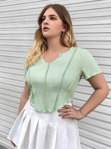 SHEIN Qutie Plus Notched Neck Seam Detail Tee - Mint Green - View 5