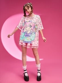 ROMWE Anime Cartoon Graphic Drop Shoulder Tee - Pink - View 4