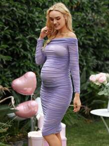 SHEIN 孕婦一字肩褶邊網紗緊身洋裝