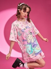 ROMWE Anime Cartoon Graphic Drop Shoulder Tee - Pink - View 5