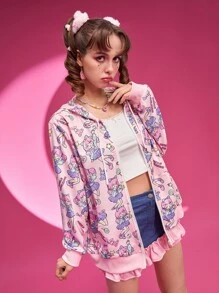 ROMWE Kawaii Cartoon Graphic Zip Up Hoodie - Pink - View 5