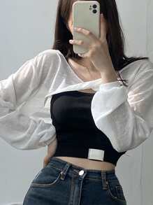 DAZY 纯色扭纹前垂肩上衣（不含吊带背心）长袖女式上衣 - 白色 - 查看 6