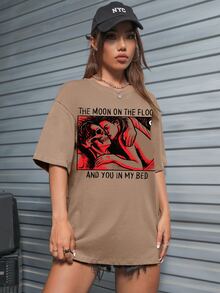Danielevicentini Figure & Slogan Graphic Drop Shoulder Oversized Tee - Mocha Brown - View 4