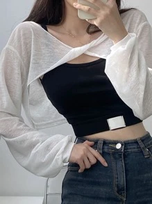 DAZY 纯色扭纹前垂肩上衣（不含吊带背心）长袖女式上衣 - 白色 - 查看 4