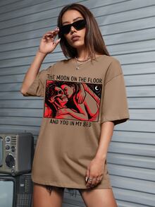 Danielevicentini Figure & Slogan Graphic Drop Shoulder Oversized Tee - Mocha Brown - View 5