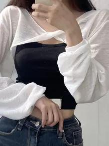 DAZY 纯色扭纹前垂肩上衣（不含吊带背心）长袖女式上衣 - 白色 - 查看 1