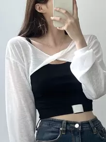 DAZY 纯色扭纹前垂肩上衣（不含吊带背心）长袖女式上衣 - 白色 - 查看 3