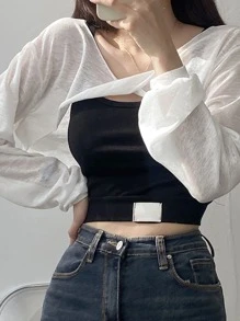 DAZY 纯色扭纹前垂肩上衣（不含吊带背心）长袖女式上衣 - 白色 - 查看 5