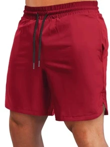 Men Slant Pocket Split Side Sports Shorts - Rose Red - View 3