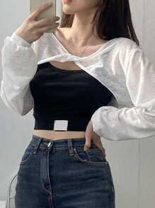 DAZY 纯色扭纹前垂肩上衣（不含吊带背心）长袖女式上衣 - 白色 - 查看 7