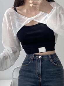 DAZY 纯色扭纹前垂肩上衣（不含吊带背心）长袖女式上衣 - 白色 - 查看 2