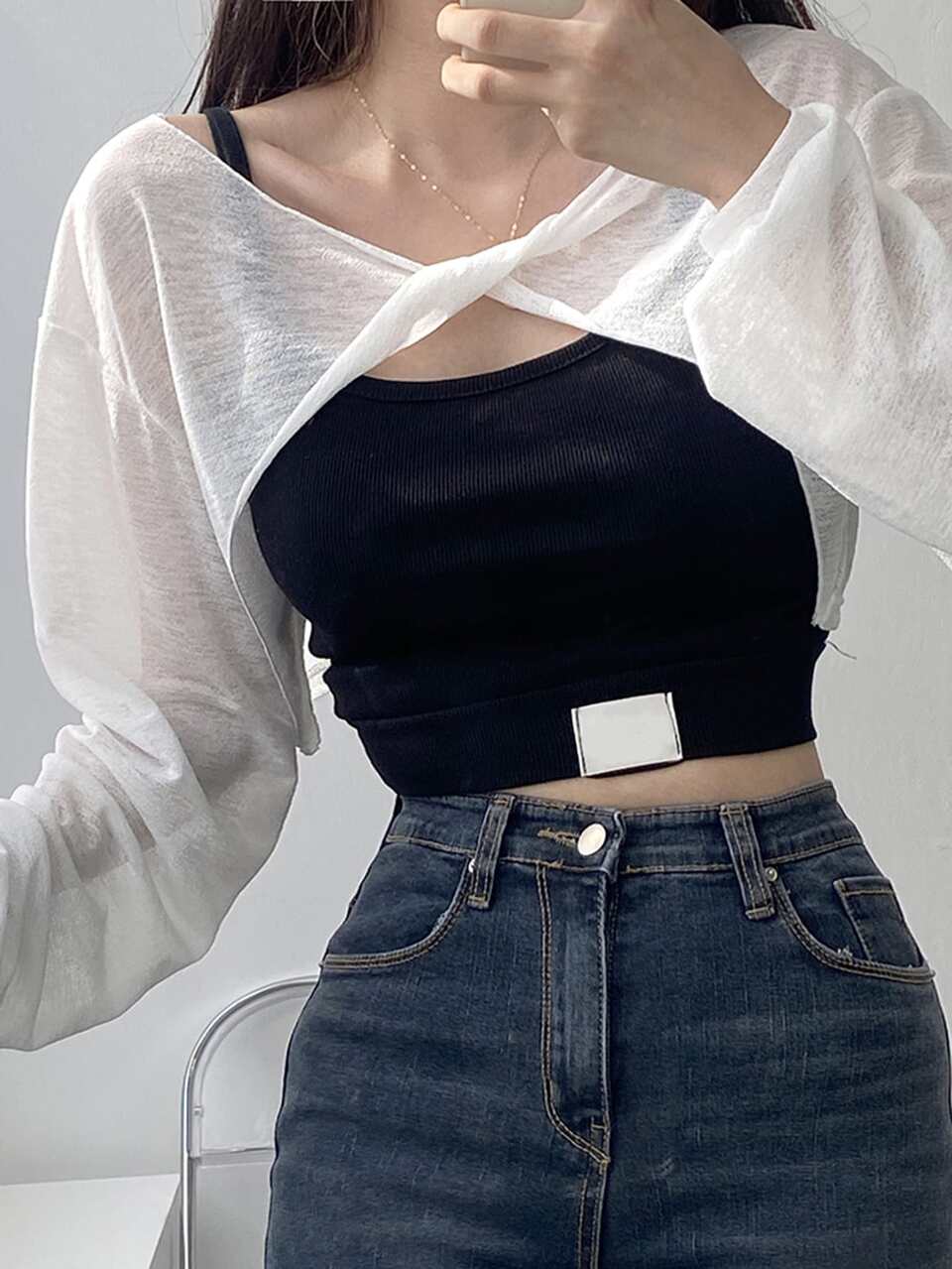 Solid Twist Front Drop Shoulder Top Without Cami Top Long Sleeve Women Tops