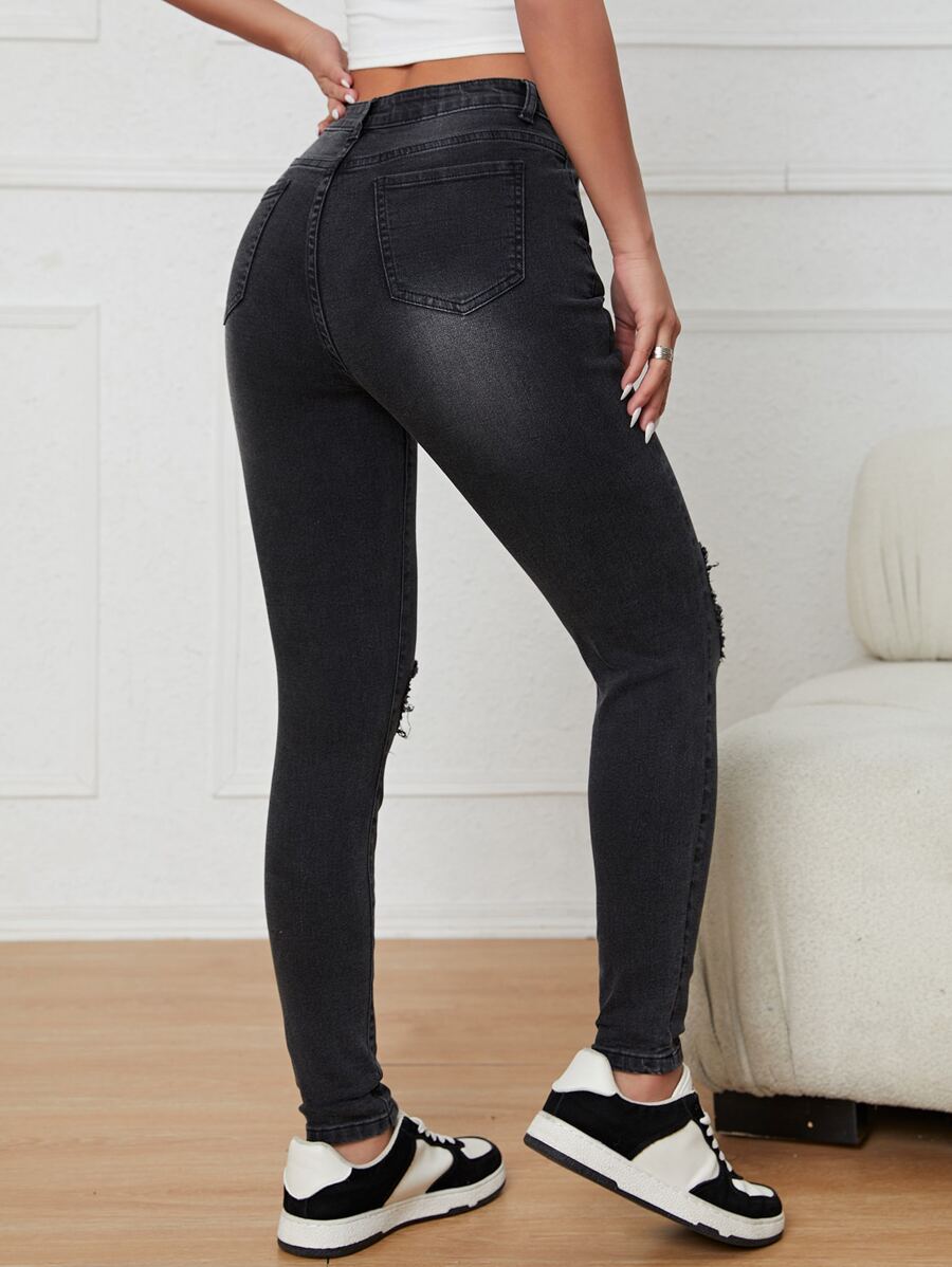 Jeans ajustados desgarro con cremallera - Negro - Ver 1