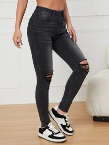 Jeans ajustados desgarro con cremallera - Negro - Ver 3