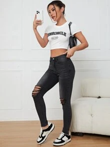 Jeans ajustados desgarro con cremallera - Negro - Ver 6