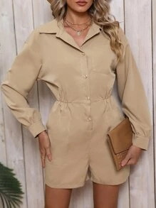 SHEIN LUNE Drop Shoulder Elastic Waist Shirt Romper - Khaki - View 5