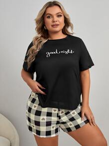 Plus Letter Graphic Tee & Buffalo Plaid Shorts PJ Set / Pajama Set - Multicolor - View 1