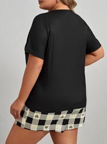 Plus Letter Graphic Tee & Buffalo Plaid Shorts PJ Set / Pajama Set - Multicolor - View 2