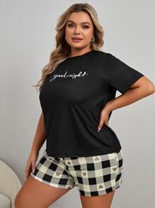 Plus Letter Graphic Tee & Buffalo Plaid Shorts PJ Set / Pajama Set - Multicolor - View 4