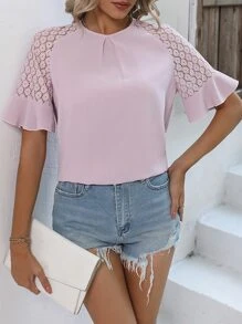 SHEIN LUNE Contrast Guipure Lace Flounce Sleeve Blouse - Pink - View 3