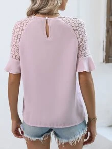 SHEIN LUNE Contrast Guipure Lace Flounce Sleeve Blouse - Pink - View 4