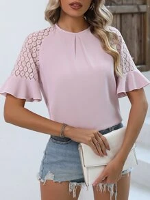SHEIN LUNE Contrast Guipure Lace Flounce Sleeve Blouse - Pink - View 1