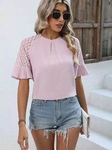 SHEIN LUNE Contrast Guipure Lace Flounce Sleeve Blouse - Pink - View 6