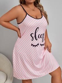 Plus Striped & Letter Graphic Slip Pajama Night Dress - Baby Pink - View 1