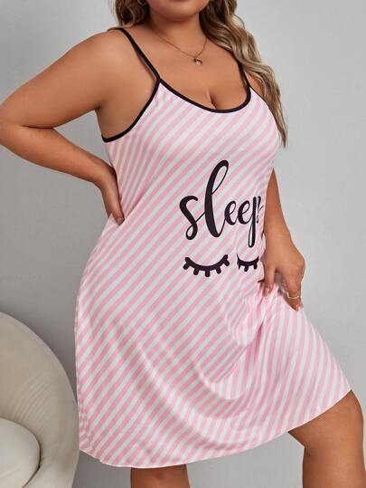 Plus Striped & Letter Graphic Slip Pajama Night Dress