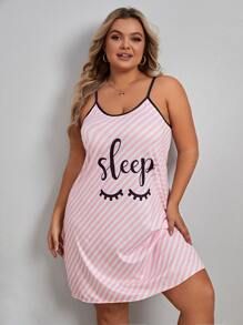 Plus Striped & Letter Graphic Slip Pajama Night Dress - Baby Pink - View 3