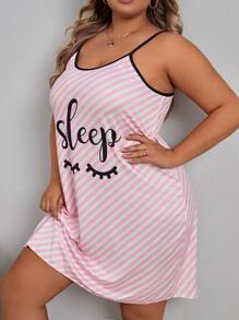 Plus Striped & Letter Graphic Slip Pajama Night Dress - Baby Pink - View 4