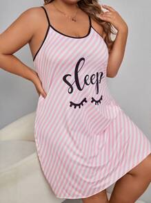Plus Striped & Letter Graphic Slip Pajama Night Dress - Baby Pink - View 5