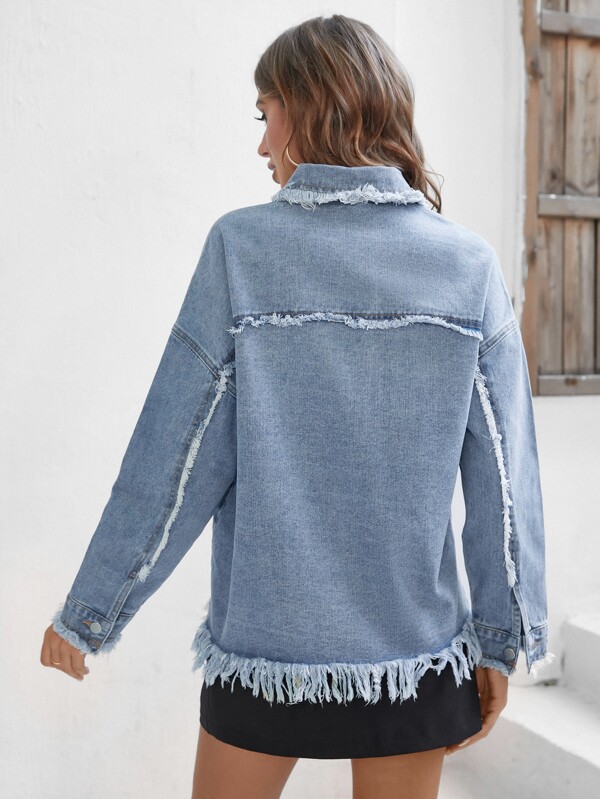 Drop Shoulder Raw Cut Denim Jacket SHEIN USA