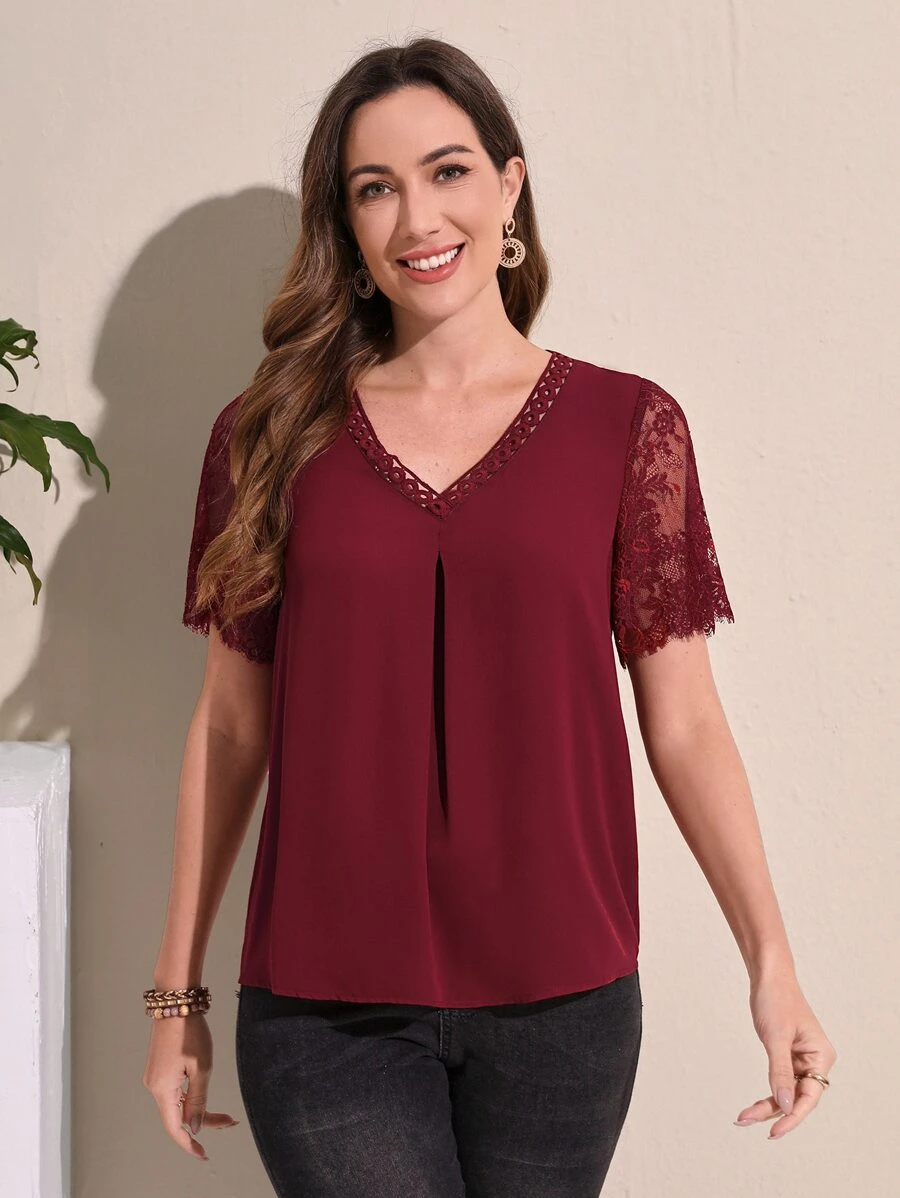 EMERY ROSE Áo sơ mi nữ Tương phản ren màu trơn Thanh lịch - Màu Đỏ Sâu - Xem 1