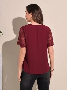 EMERY ROSE Áo sơ mi nữ Tương phản ren màu trơn Thanh lịch - Màu Đỏ Sâu - Xem 2