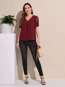 EMERY ROSE Áo sơ mi nữ Tương phản ren màu trơn Thanh lịch - Màu Đỏ Sâu - Xem 3