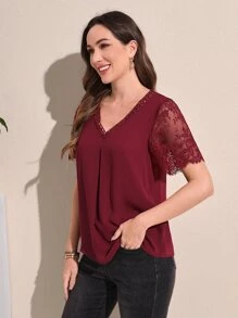 EMERY ROSE Áo sơ mi nữ Tương phản ren màu trơn Thanh lịch - Màu Đỏ Sâu - Xem 5