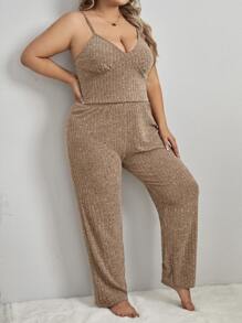 Plus Solid Cami Top & Trousers PJ Set - Khaki - View 2