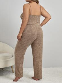 Plus Solid Cami Top & Trousers PJ Set - Khaki - View 3