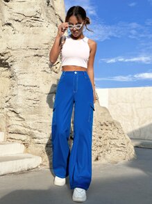 SHEIN EZwear 高腰側翻蓋口袋工裝褲 - 寶藍色 - 查看 5