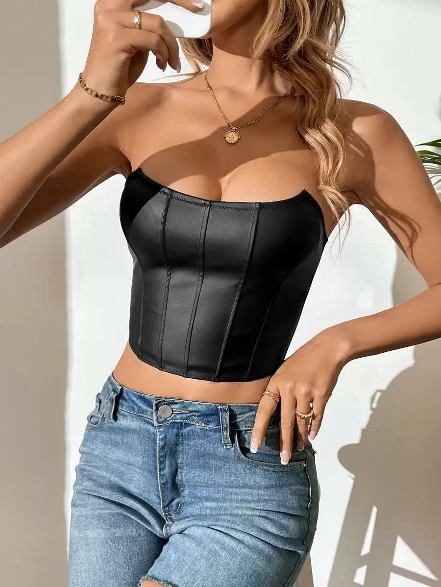 SHEIN Tall PU Zip Back Crop Tube Top - Black - View 1