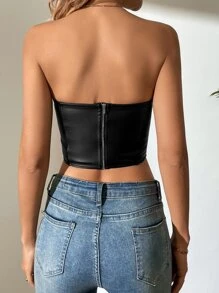 SHEIN Tall PU Zip Back Crop Tube Top - Black - View 2