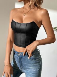 SHEIN Tall PU Zip Back Crop Tube Top - Black - View 5